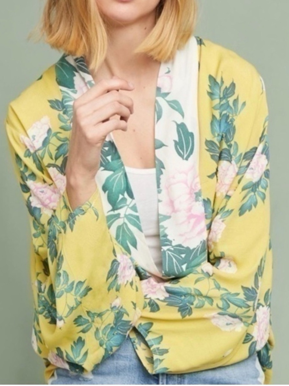 Anthropologie Floral Open Front Kimono Cardigan in Mustard Yellow Pink and Cream